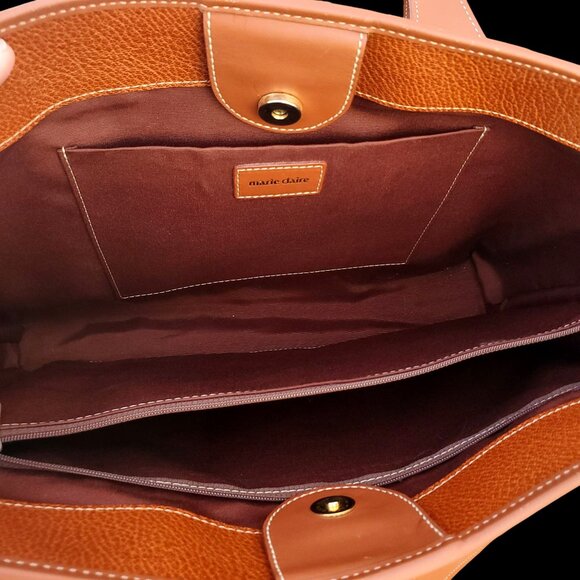 Vintage 1990s Marie Claire Cognac Leather Shoulder Tote Bag w/ Gold Hardware - Picture 6 of 14